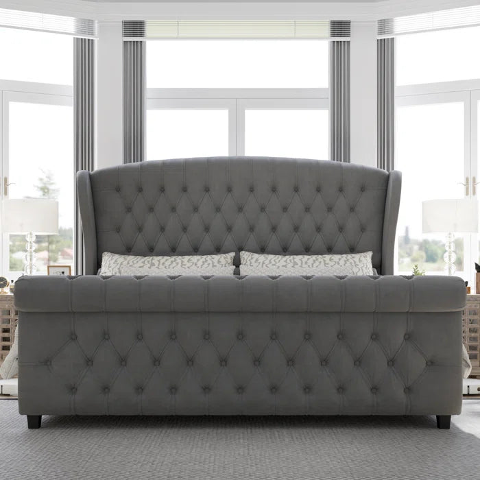 Velvet Sleigh Bed with Scroll Wingback Headboard – A Luxurious Touch for Your Bedroom OUCH CART