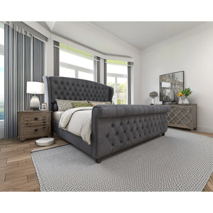 Velvet Sleigh Bed with Scroll Wingback Headboard – A Luxurious Touch for Your Bedroom OUCH CART