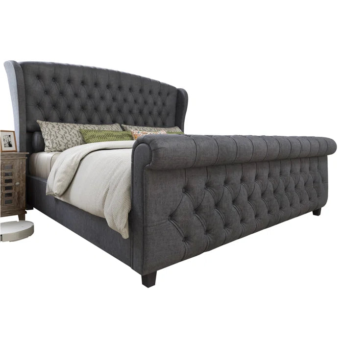 Velvet Sleigh Bed with Scroll Wingback Headboard – A Luxurious Touch for Your Bedroom OUCH CART