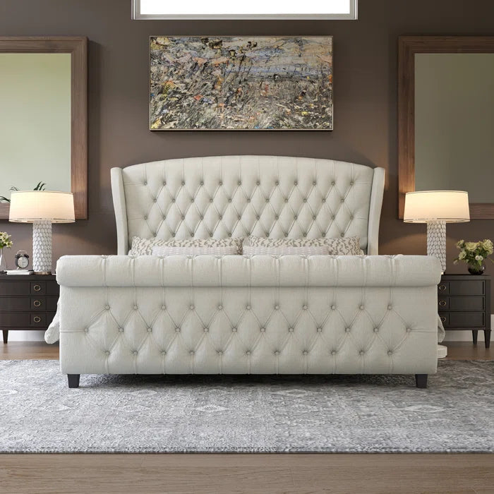 Velvet Sleigh Bed with Scroll Wingback Headboard – A Luxurious Touch for Your Bedroom OUCH CART
