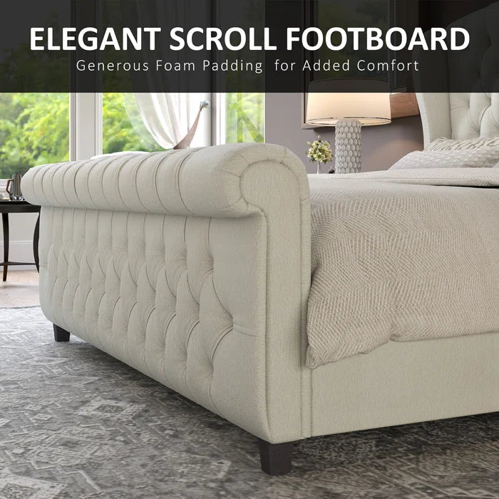 Velvet Sleigh Bed with Scroll Wingback Headboard – A Luxurious Touch for Your Bedroom OUCH CART