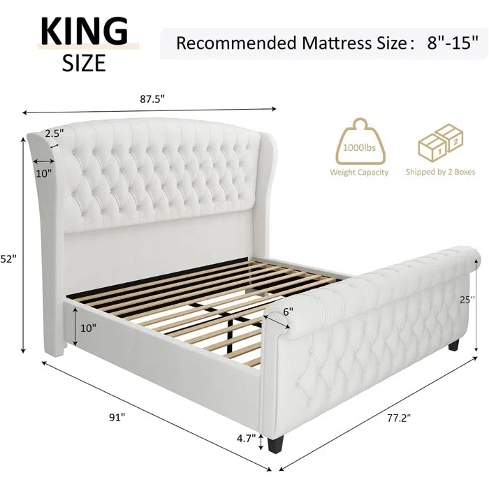 Velvet Sleigh Bed with Scroll Wingback Headboard – A Luxurious Touch for Your Bedroom OUCH CART