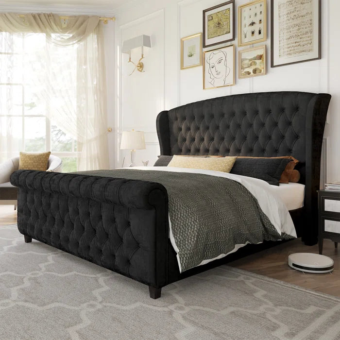 Velvet Sleigh Bed with Scroll Wingback Headboard – A Luxurious Touch for Your Bedroom OUCH CART