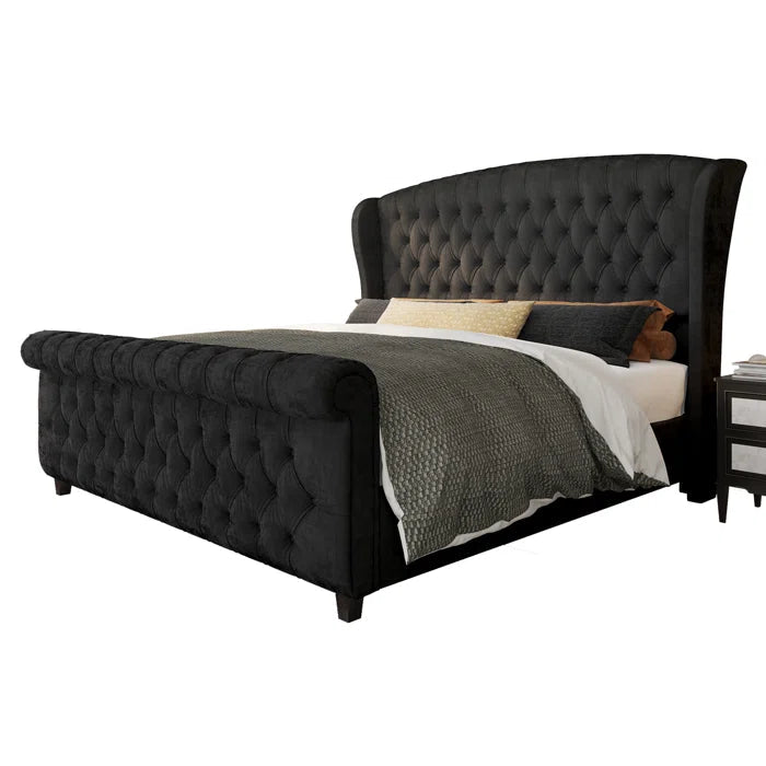 Velvet Sleigh Bed with Scroll Wingback Headboard – A Luxurious Touch for Your Bedroom OUCH CART