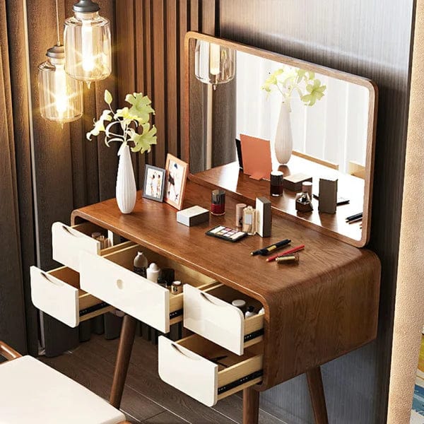 Makeup Vanity Table with Mirror, Dressing Table with 5 Drawers, Modern Wood Bedroom Vintage Dressing Table for Women Girls