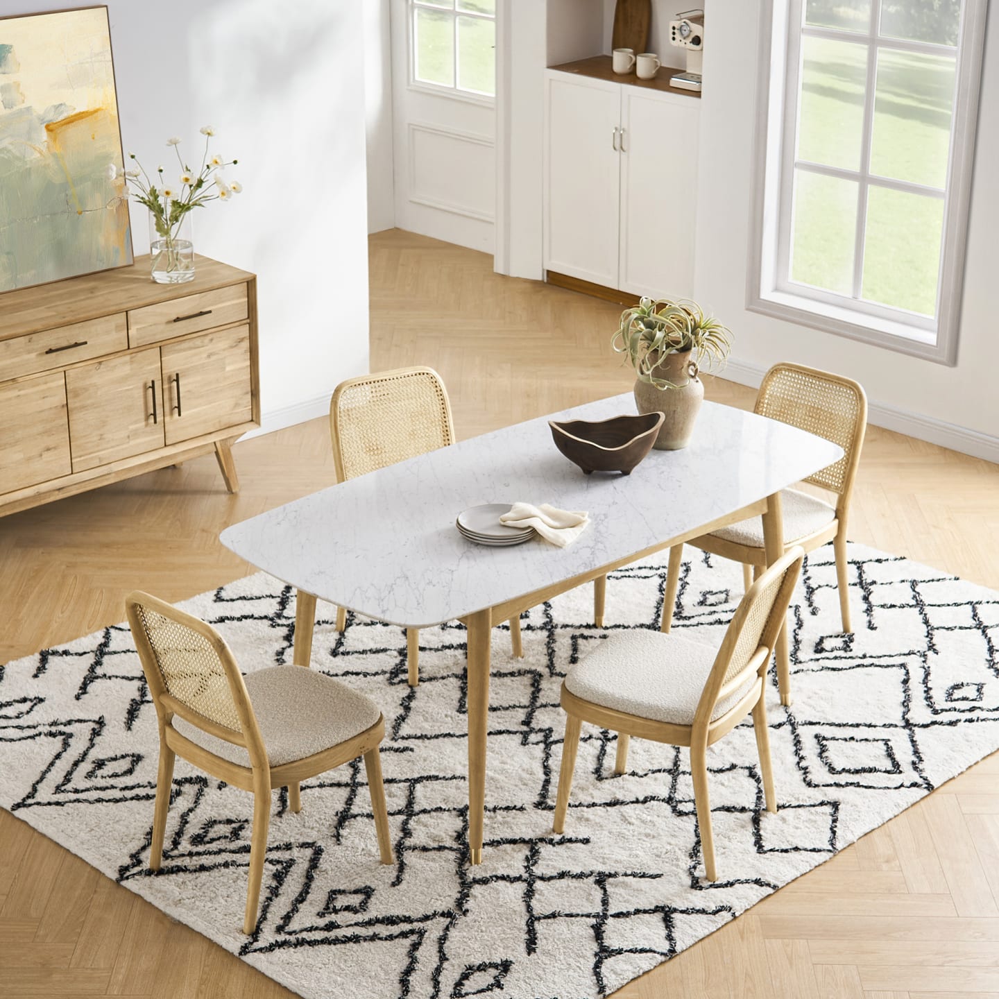 Kelsey Faux Marble Dining Table, White Wash Ouch Cart