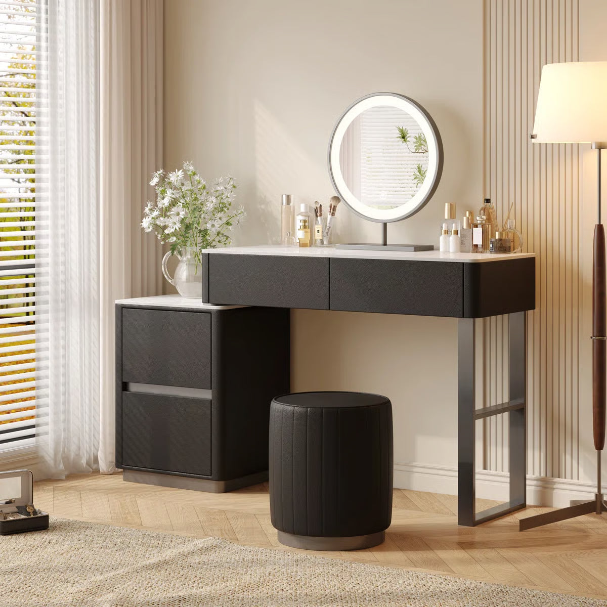 Solid Wood Makeup Vanity Desk –Edorta 55.12'' with LED Mirror & Stool-OUCH CART|Dressing table