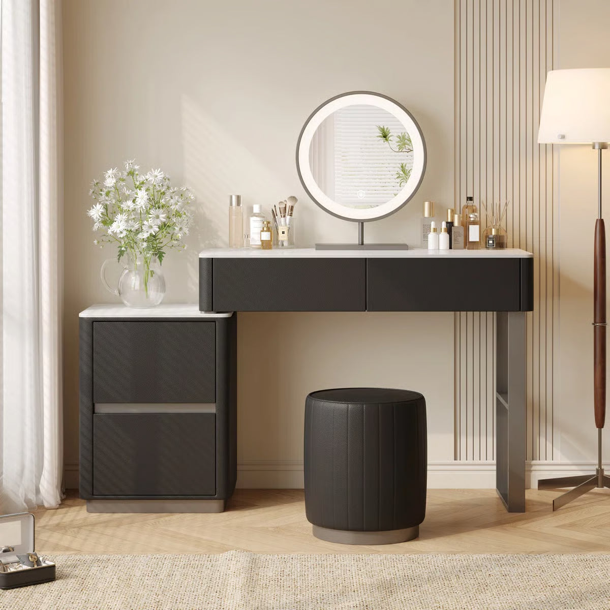 Solid Wood Makeup Vanity Desk –Edorta 55.12'' with LED Mirror & Stool-OUCH CART|Dressing table