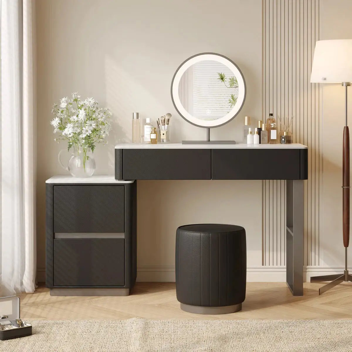 Solid Wood Makeup Vanity Desk –Edorta 55.12'' with LED Mirror & Stool-OUCH CART|Dressing table