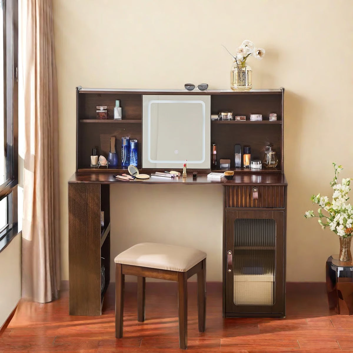 Makeup Vanity Desk with Elegant Design, Drawer, Display Shelves & Stool