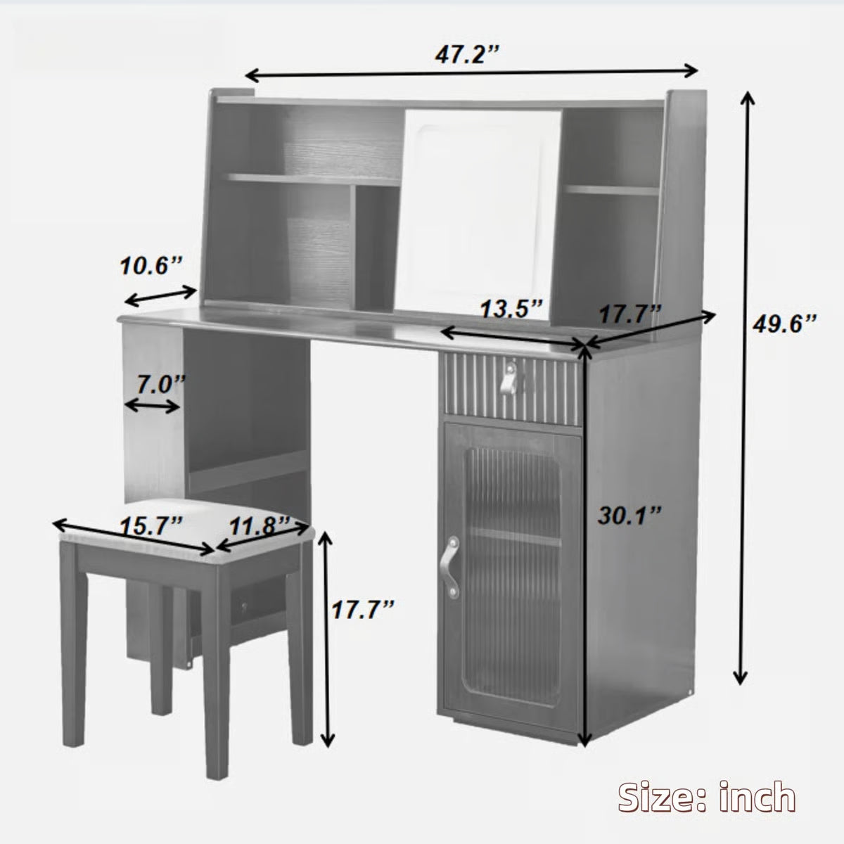 Makeup Vanity Desk with Elegant Design, Drawer, Display Shelves & Stool