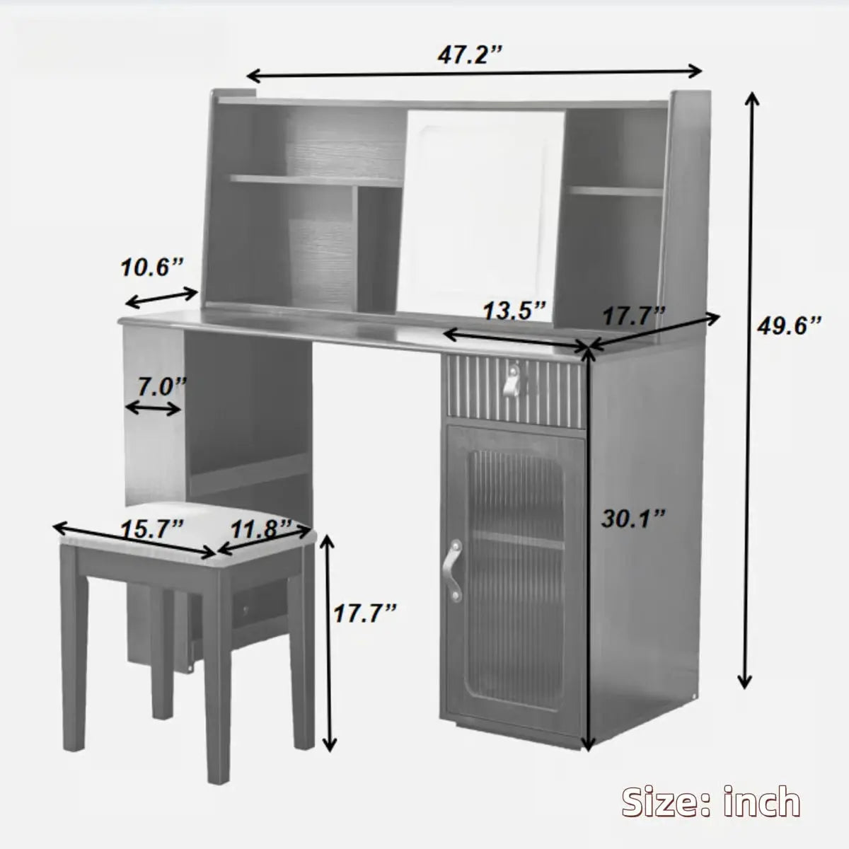 Makeup Vanity Desk with Elegant Design, Drawer, Display Shelves & Stool