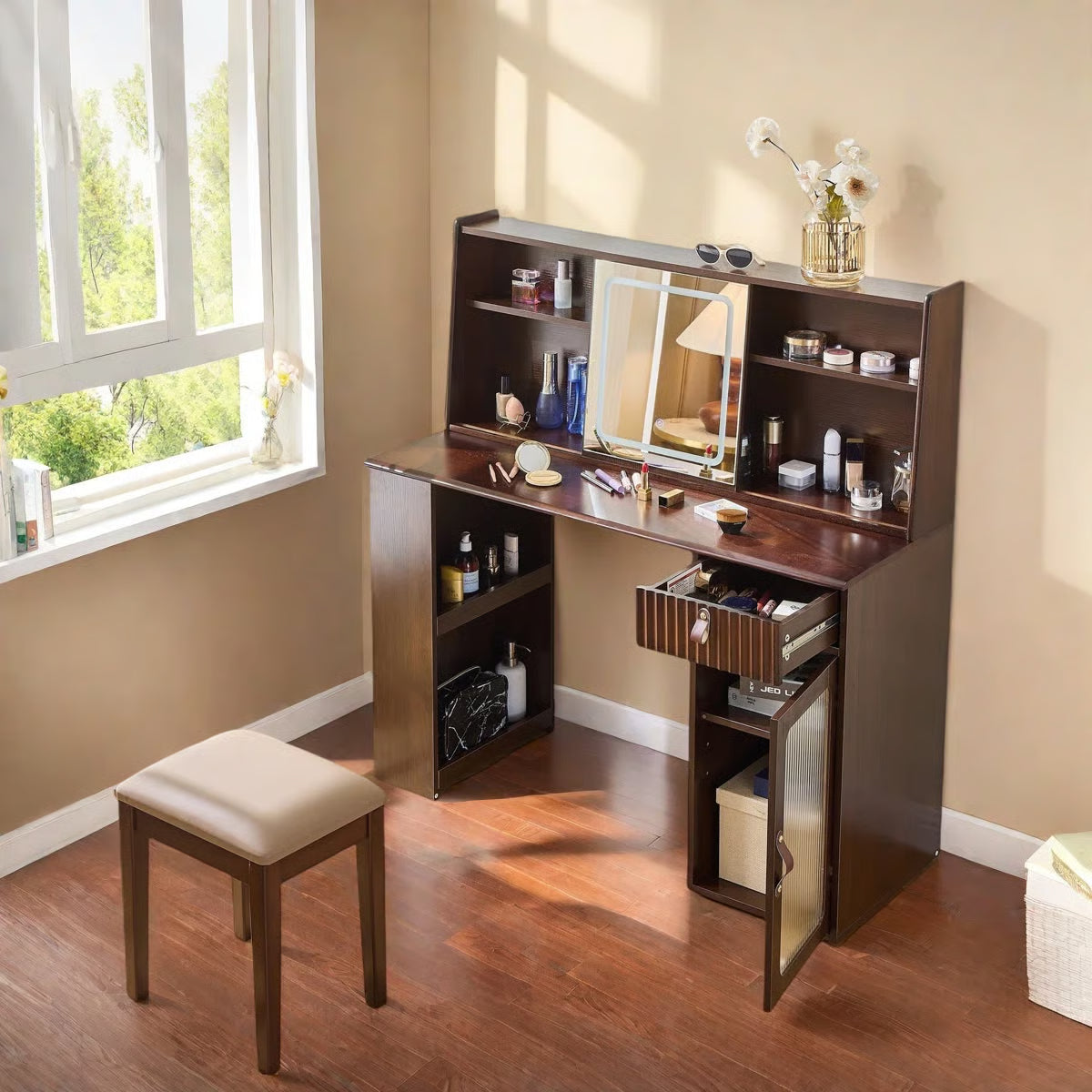 Makeup Vanity Desk with Elegant Design, Drawer, Display Shelves & Stool