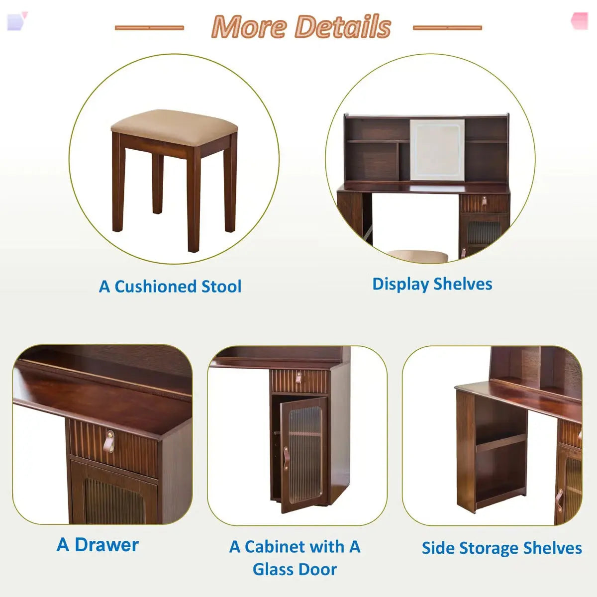 Makeup Vanity Desk with Adjustable Sliding LED Mirror – Elegant Design, Drawer, Display Shelves & Stool-OUCH CART |Dressing table