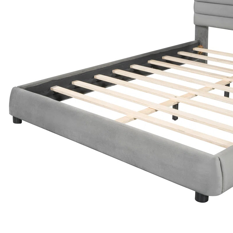 Elegant Queen Size Velvet Upholstered Platform Bed In Gray OUCH CART