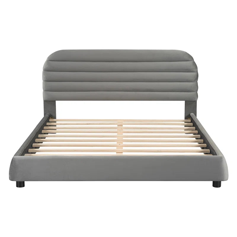 Elegant Queen Size Velvet Upholstered Platform Bed In Gray OUCH CART