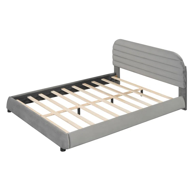 Elegant Queen Size Velvet Upholstered Platform Bed In Gray OUCH CART