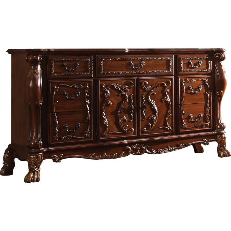 Eliava 66.2'' Solid Wood Wide Dresser, 7 Drawers w Antique Handles, Floral Carvings, Brown
