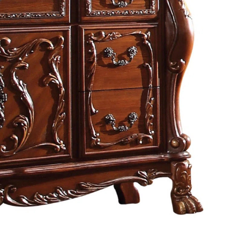 Eliava 66.2'' Solid Wood Wide Dresser, 7 Drawers w Antique Handles, Floral Carvings, Brown