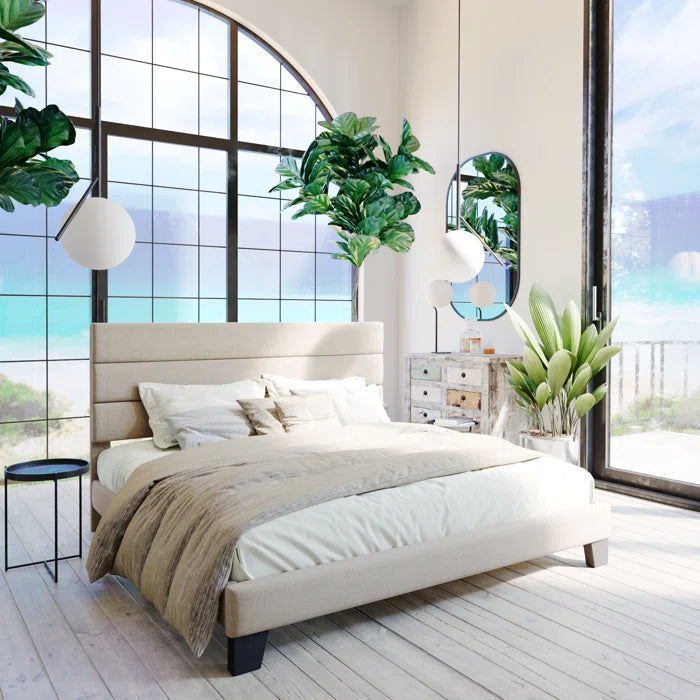 Platform Bed with Fabric Upholstered Headboard and Wooden Slats OUCH CART