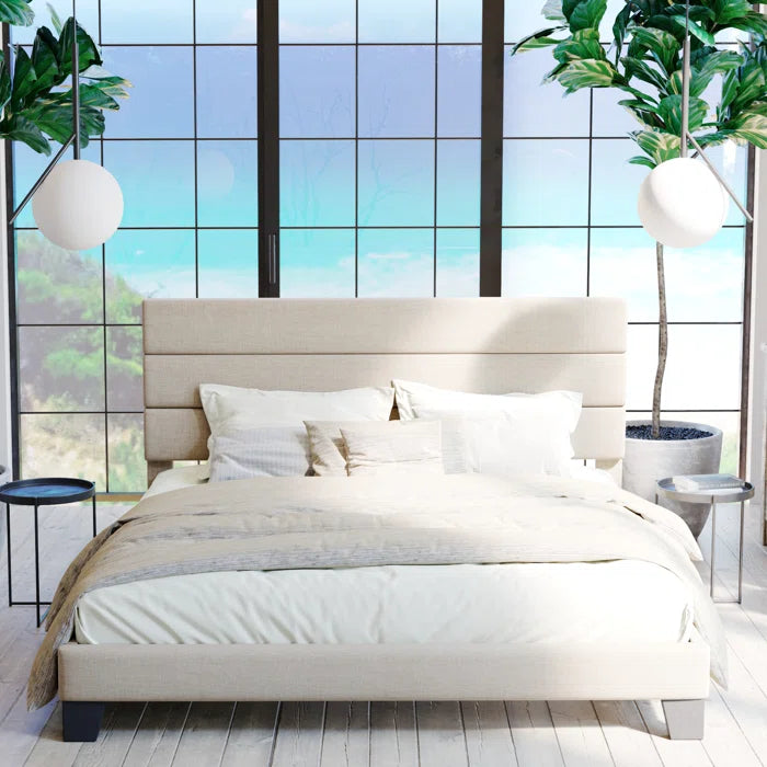 Platform Bed with Fabric Upholstered Headboard and Wooden Slats