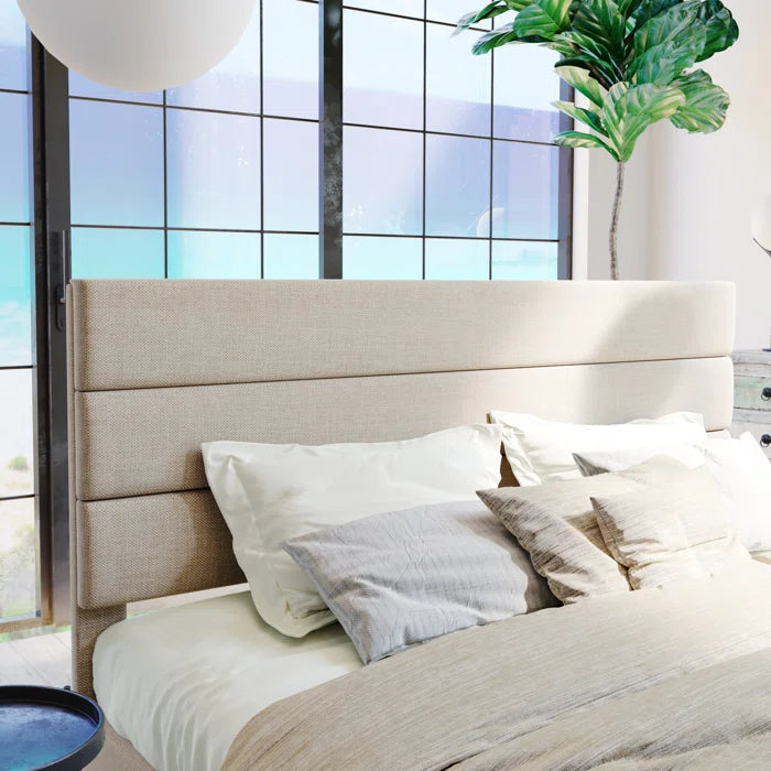 Platform Bed with Fabric Upholstered Headboard and Wooden Slats