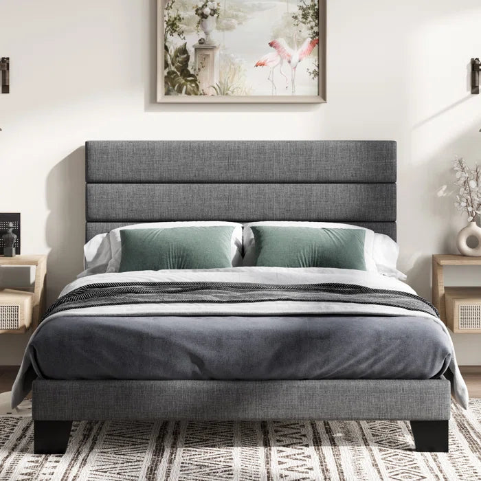 Platform Bed with Fabric Upholstered Headboard and Wooden Slats