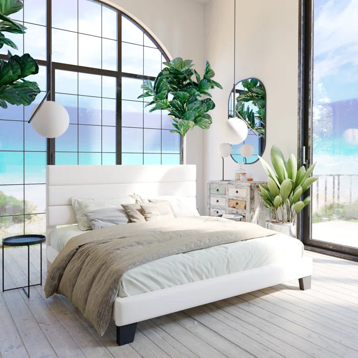 Platform Bed with Fabric Upholstered Headboard and Wooden Slats OUCH CART