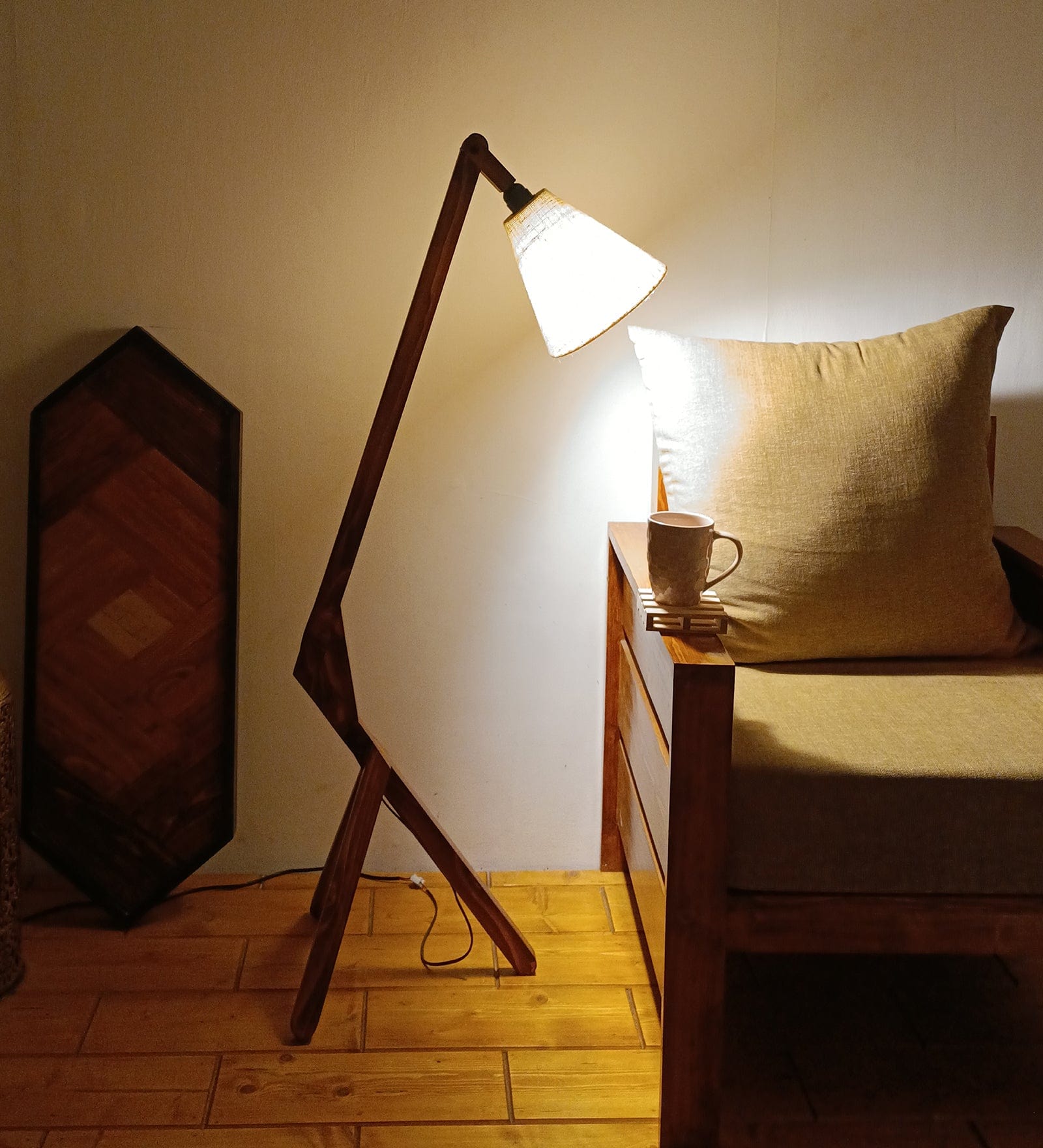 Emphasis Wooden Floor Lamp with Brown Base and Beige Fabric Lampshade (BULB NOT INCLUDED)
