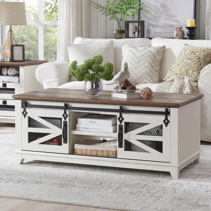 Farmhouse Coffee Table With Storage, Wood Living Room Table, Sliding Barn Door OUCH CART