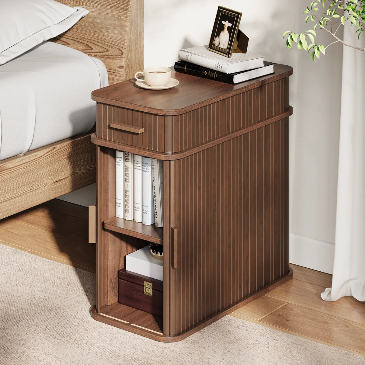 Ouch Cart Modern Wooden End Table with Charging Station & Storage Cabinet
