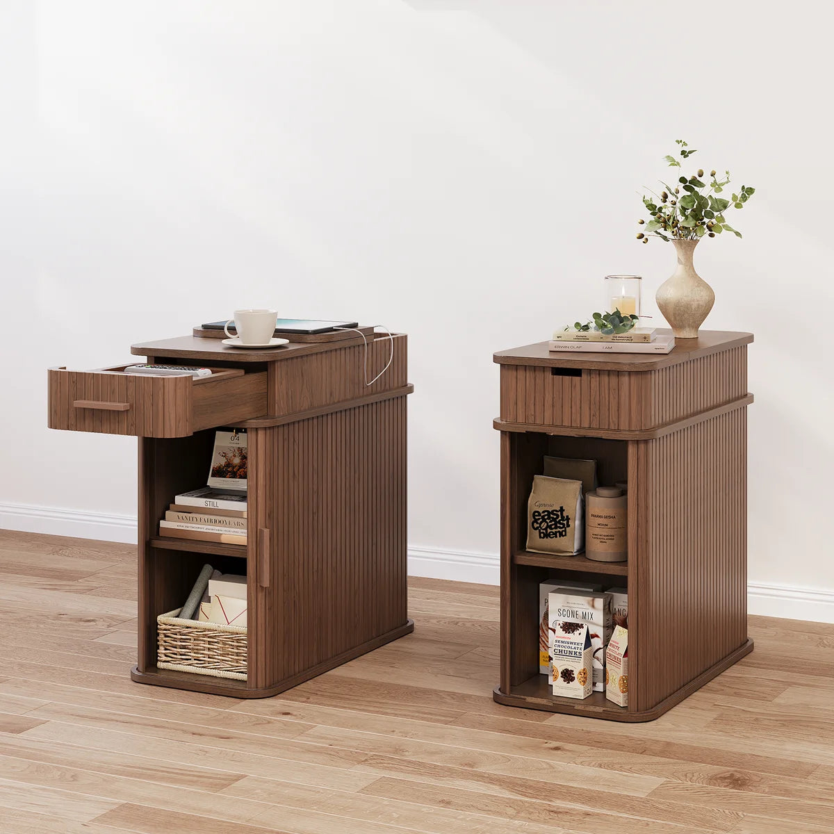 Ouch Cart Modern Wooden End Table with Charging Station & Storage Cabinet Ouch Cart