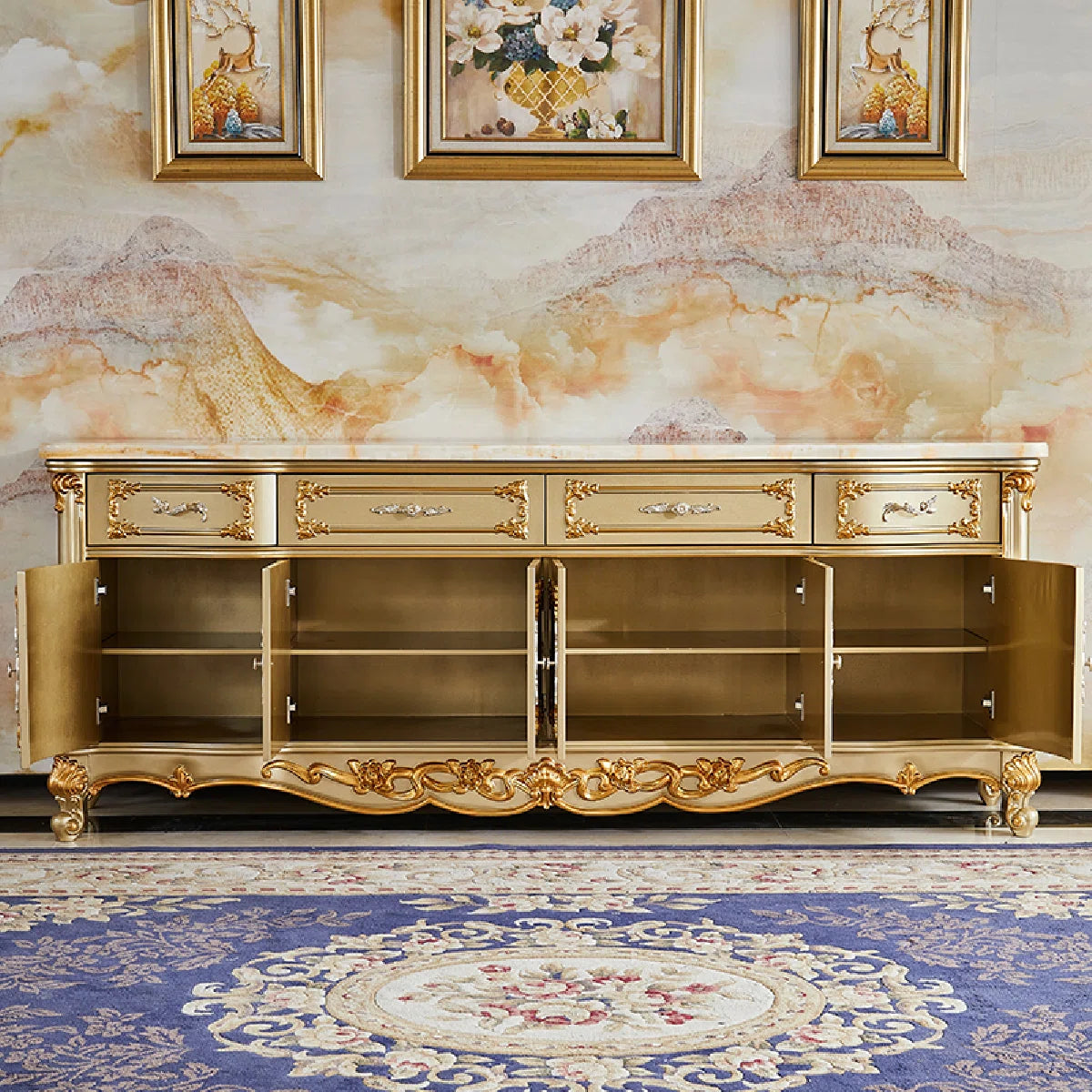 European Style Solid Wood Carved Storage Cabinet