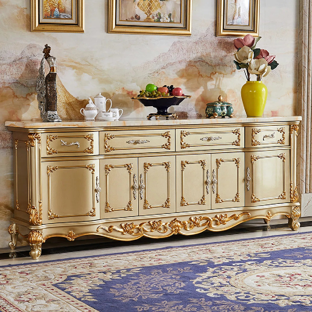 European Style Solid Wood Carved Storage Cabinet