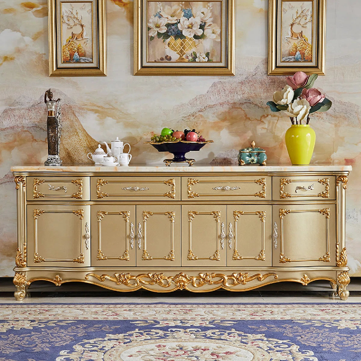 European Style Solid Wood Carved Storage Cabinet - OUCHCART | Cabinet