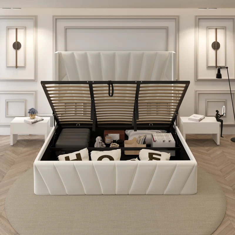 Eva Modern Soft Padded Upholstered Lift up Storage King Bed Frame with Hydrualic & Wood Slats System OUCH CART