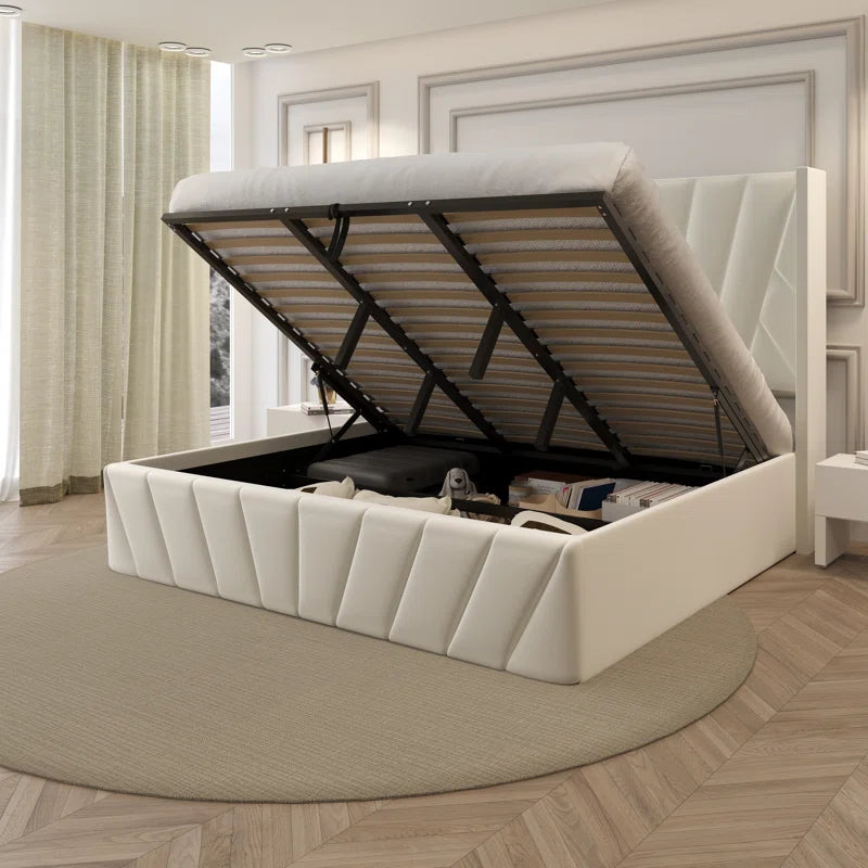 Eva Modern Soft Padded Upholstered Lift up Storage King Bed Frame with Hydrualic & Wood Slats System OUCH CART