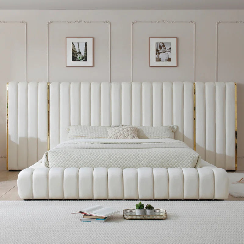 Everly Quinn Avalon Velvet Upholstered Platform Bed With Wings. OUCH CART