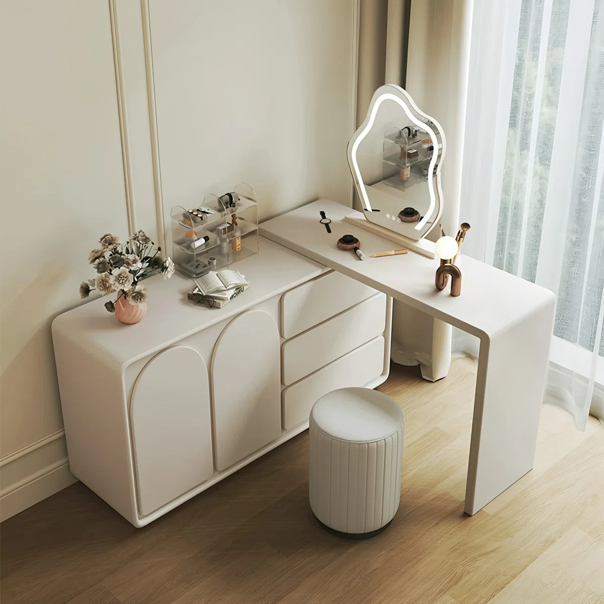 Cream White Expandable Makeup Vanity with Pre-Assembled Design & Storage OUCH CART
