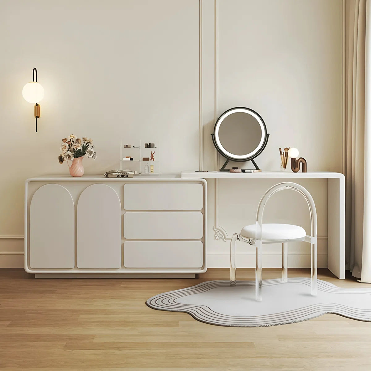 Cream White Expandable Makeup Vanity with Pre-Assembled Design & Storage