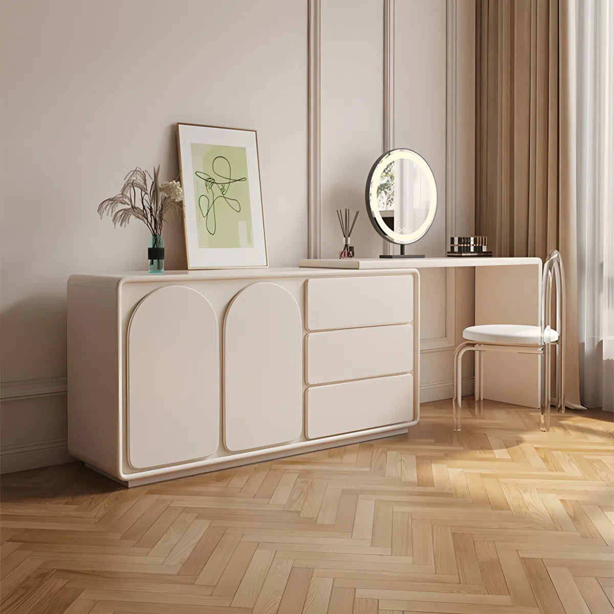 Cream White Expandable Makeup Vanity with Pre-Assembled Design & Storage