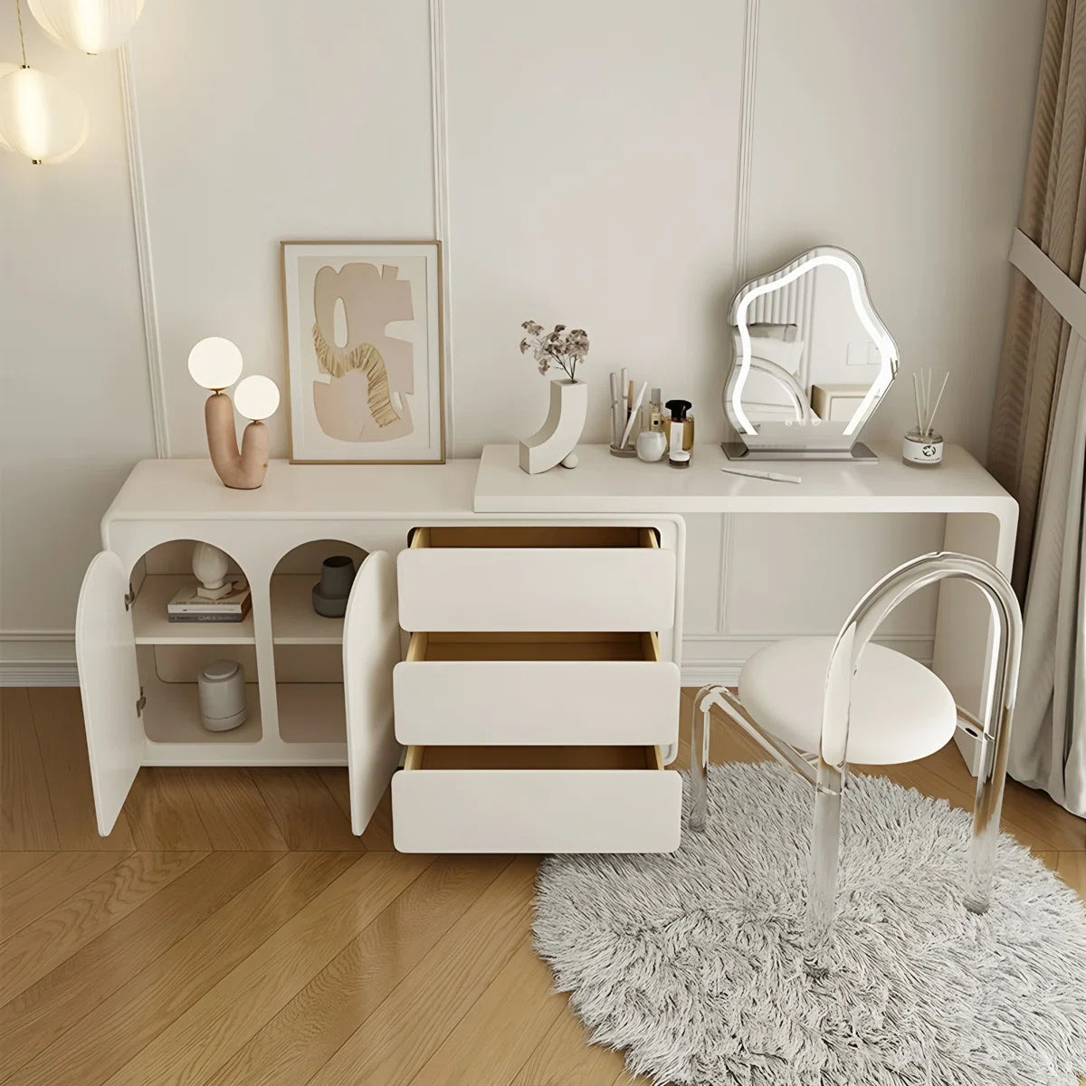 Cream White Expandable Makeup Vanity with Pre-Assembled Design & Storage OUCH CART