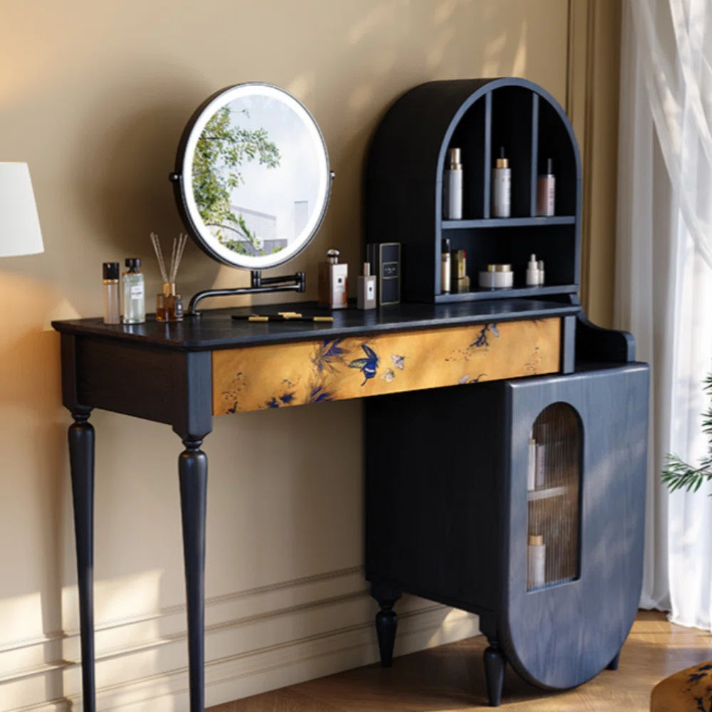 Black Vanity Table with Large Storage & Included Mirror – Solid + Engineered Wood OUCH CART