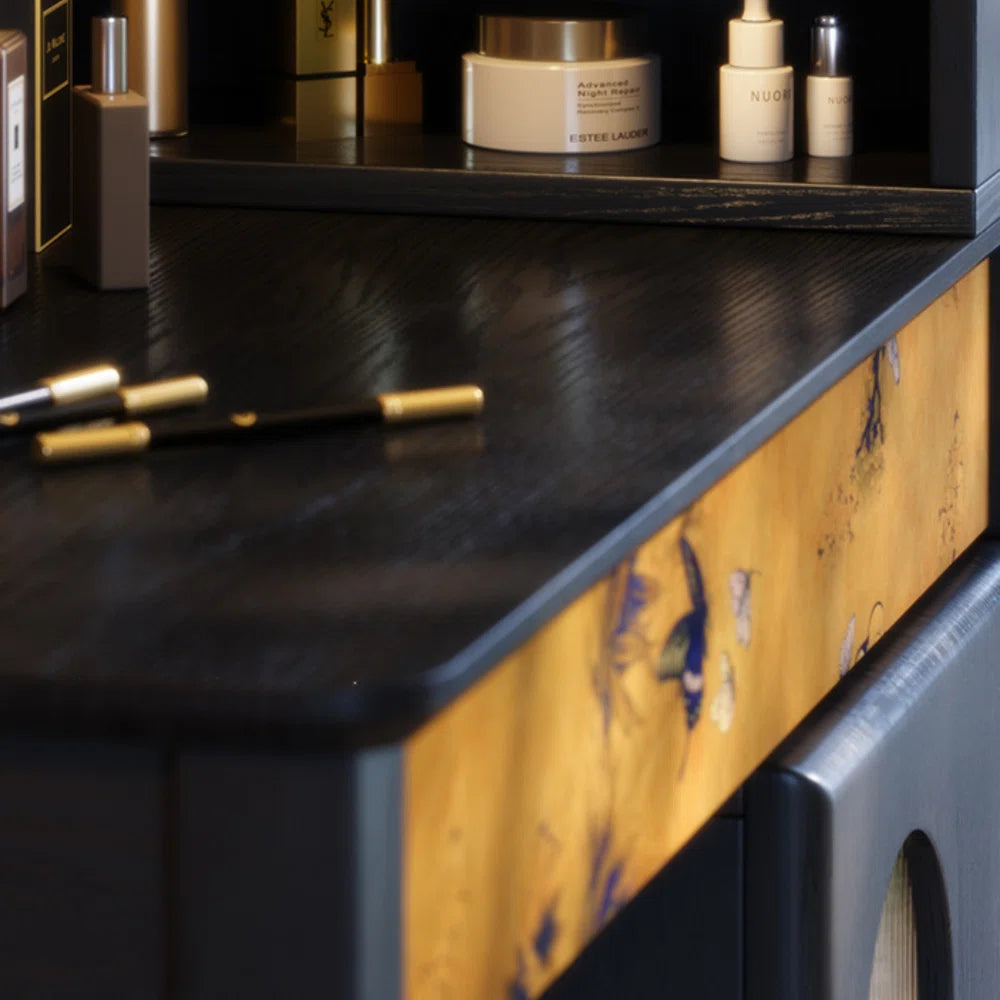 Black Vanity Table with Large Storage & Included Mirror – Solid + Engineered Wood OUCH CART