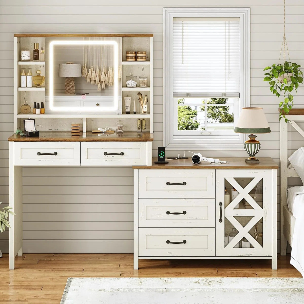 Farmhouse Glass Top Makeup Vanity Desk- OUCH CART Dressing table