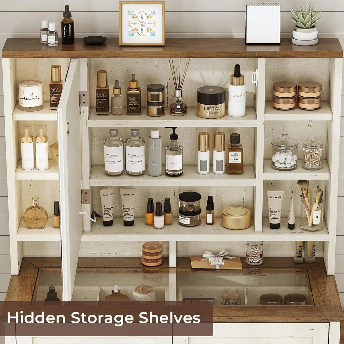 Modern Farmhouse Makeup Vanity Table with Glass Top, Lighted Mirror, Storage Drawers and Charging Station