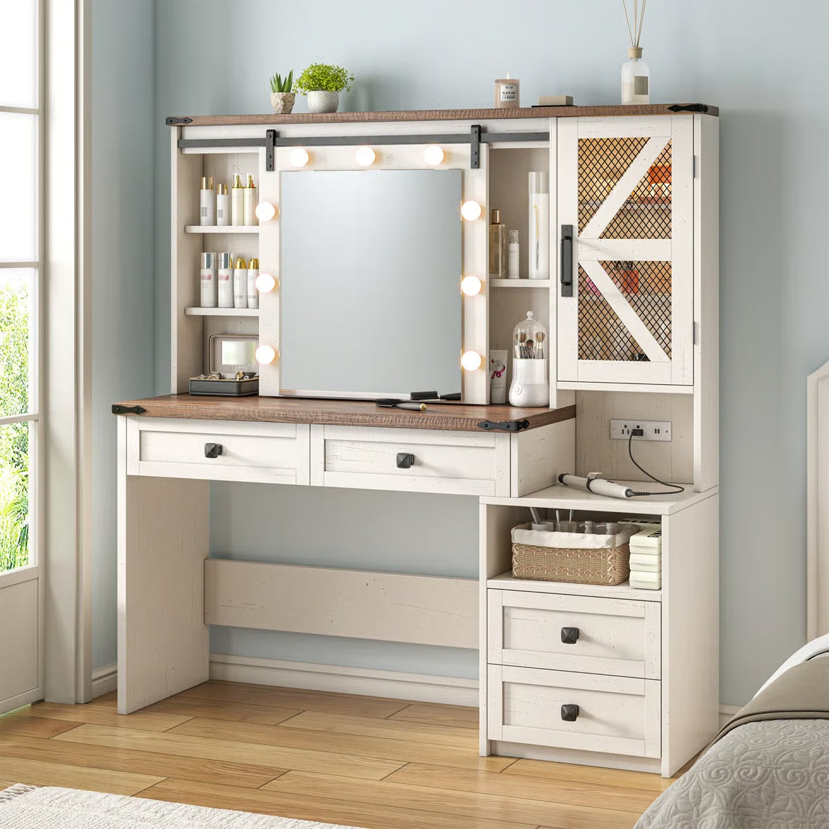 Farmhouse Vanity Table with Lights, Sliding Mirror, Charging Station, and Spacious Drawers- OUCH CART | Dressing table