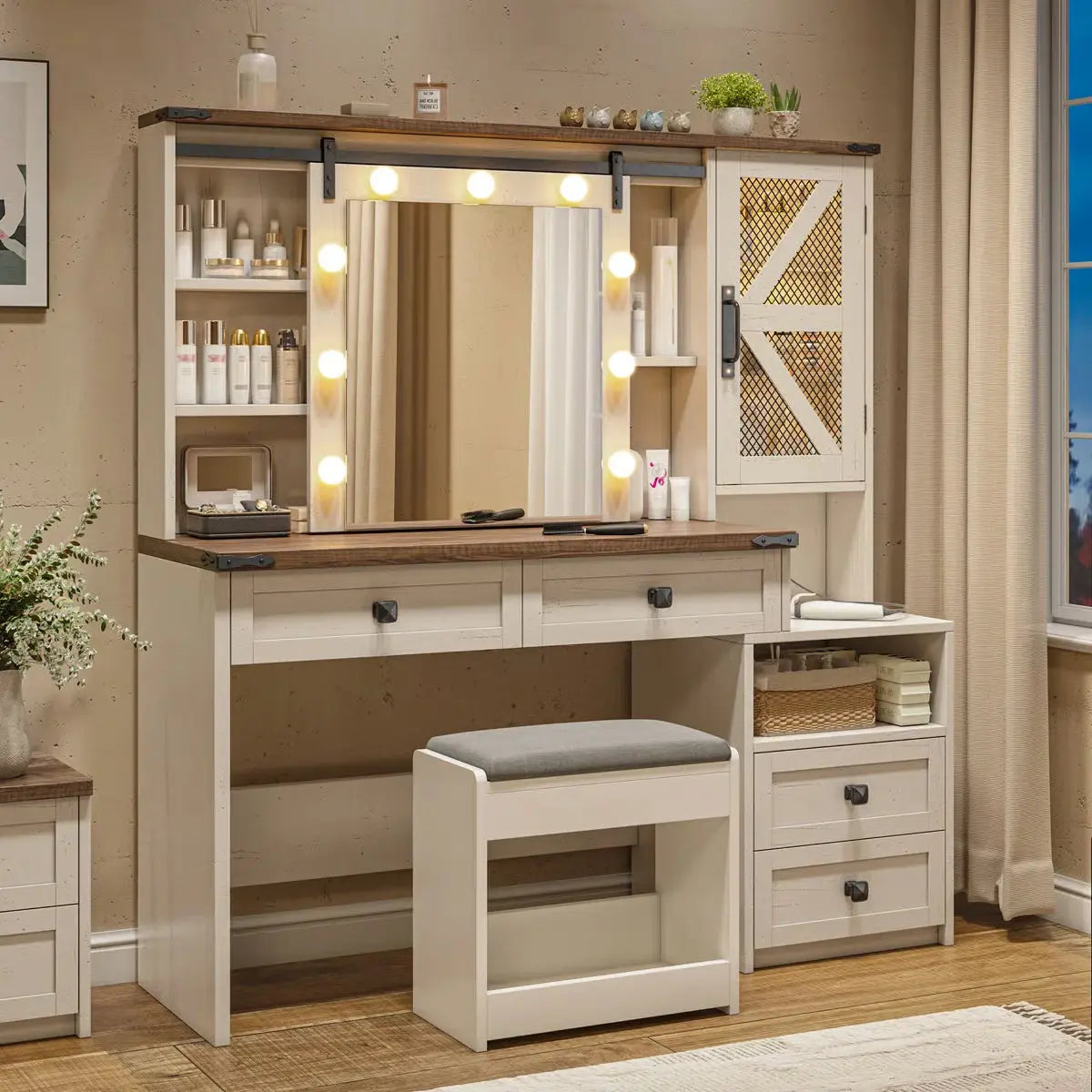 Farmhouse Vanity Table with Lights, Sliding Mirror, Charging Station, and Spacious Drawers