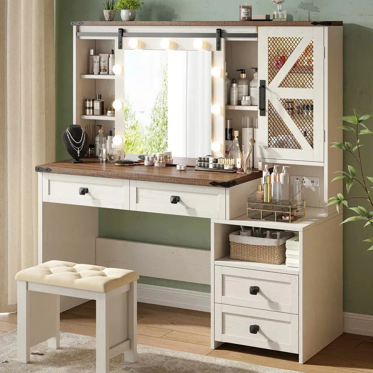 Farmhouse Vanity Table with Lights, Sliding Mirror, Charging Station, and Spacious Drawers