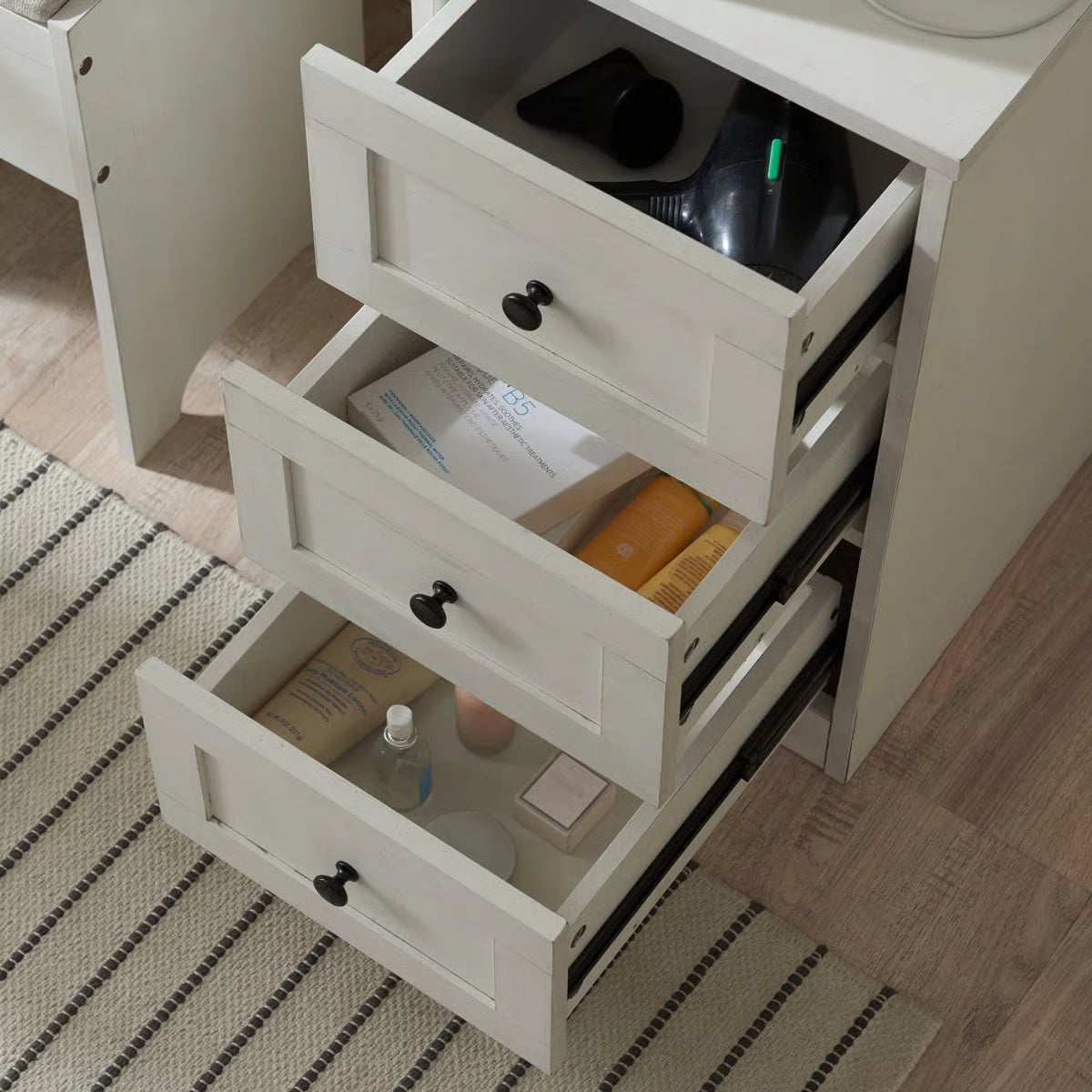 Farmhouse Vanity Makeup Desk – 43" Wide Desk, Drawers, Stool & Charging